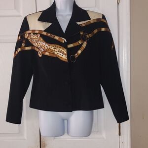 Privata Vintage  black gold cream leopard button down 100% wool blazer Sz 8